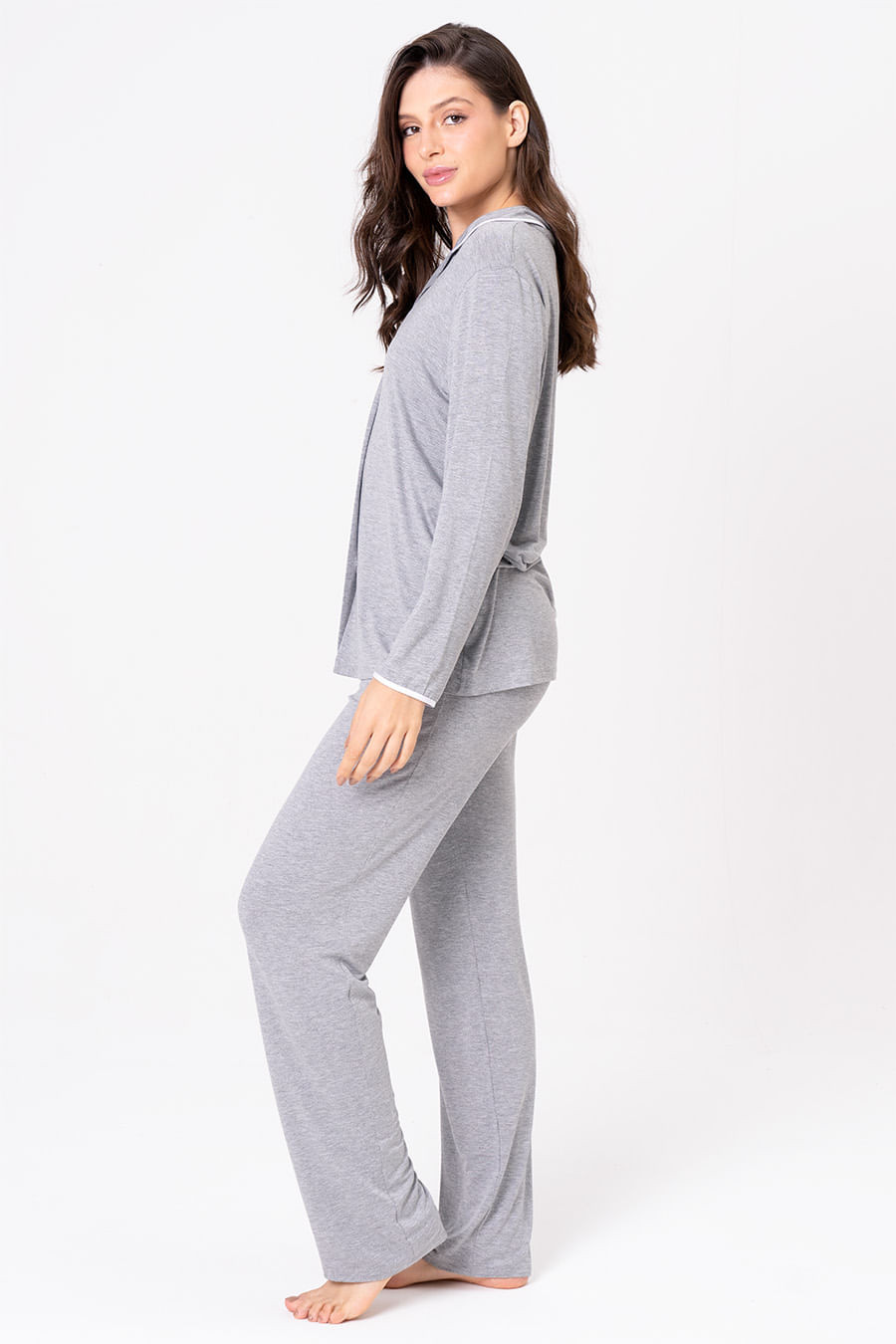 PIJAMA LONGO MALHA DE VISCOSE COM BOTÕES - CLÁSSICO VISCOSE MESCLA PIJAMA LONGO MALHA DE VISCOSE COM BOTÕES - CLÁSSICO VISCOSE MESCLA