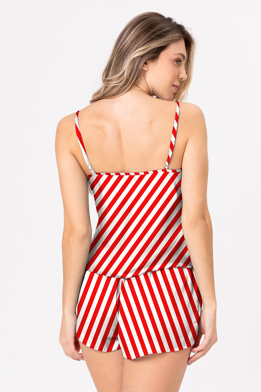 SHORT DOLL COM LISTRAS VERMELHO E BRABCO