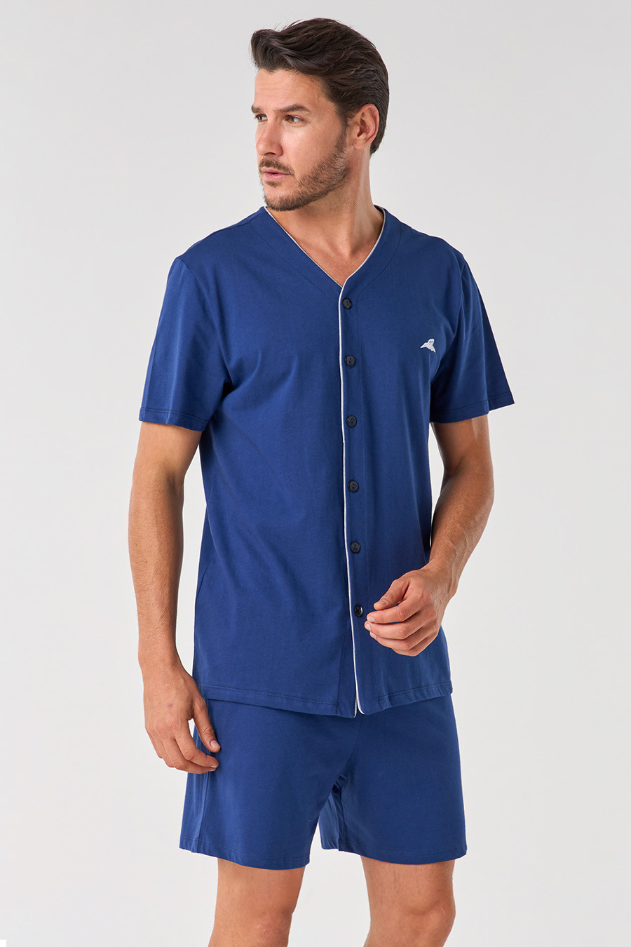 KIT PIJAMA DE ALGODÃO CURTO E ROBE DE SOFT AZUL PIJAMA FRENTE