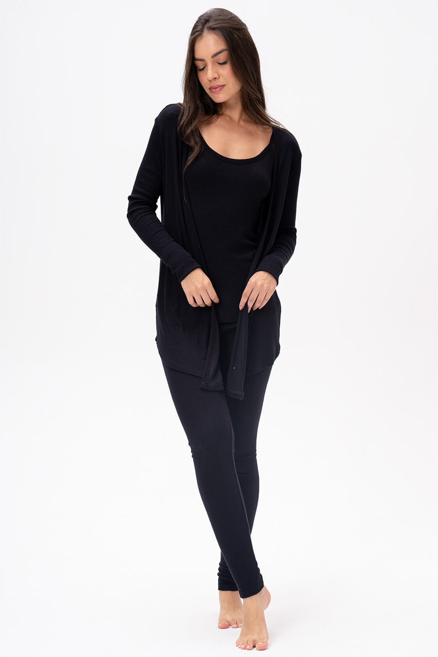 PIJAMA LONGO 3 PEÇAS EM RIBANA DE VISCOSE - CLÁSSICO VISCOSE BLACK PIJAMA LONGO 3 PEÇAS EM RIBANA DE VISCOSE - CLÁSSICO VISCOSE BLACK