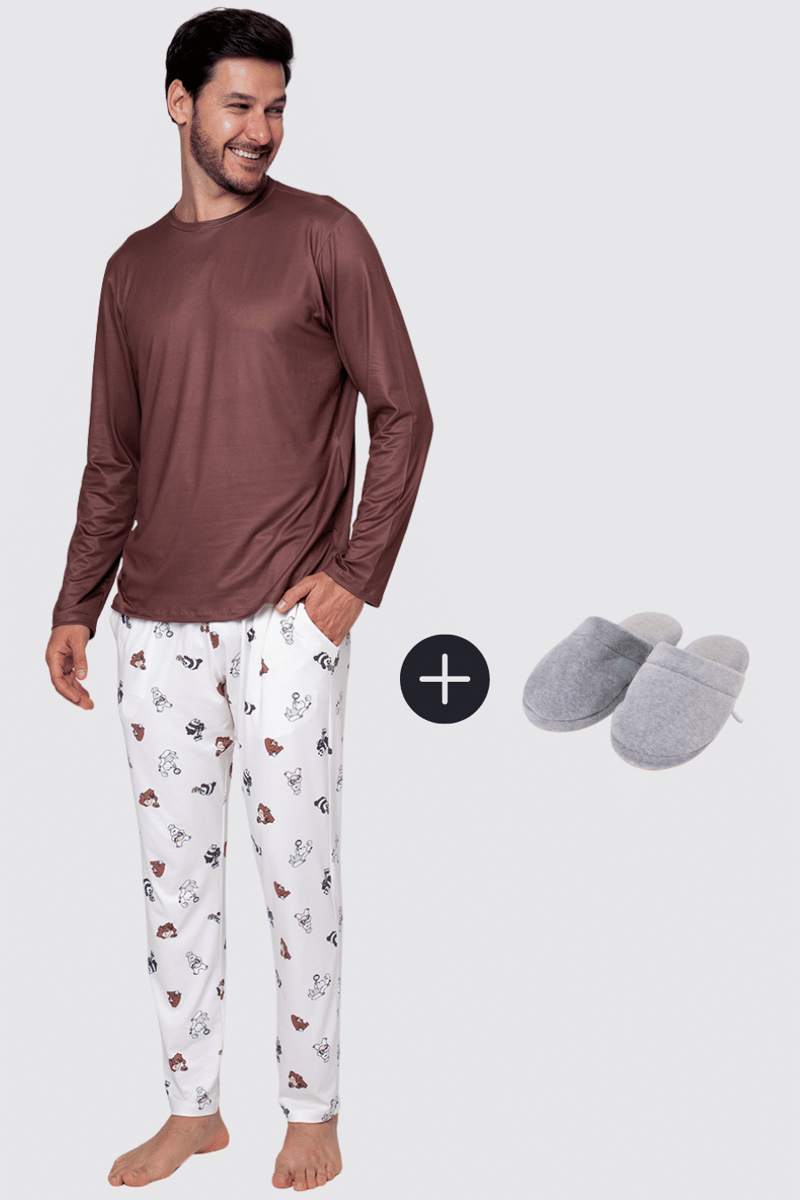 KIT PIJAMA LONGO URSOS SEM CURSO E PANTUFA KIT