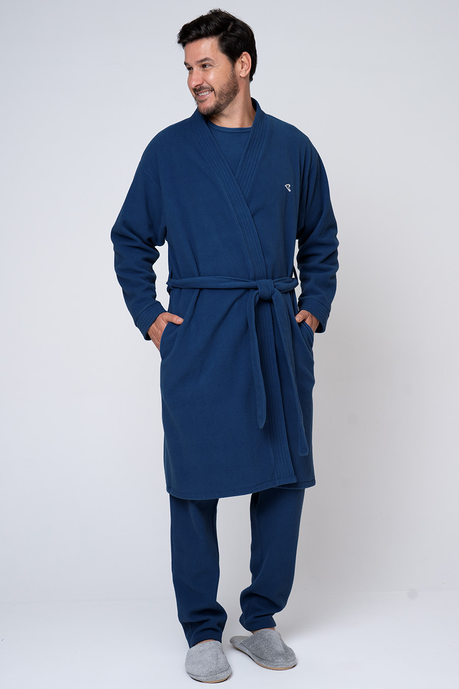KIT PIJAMA DE ALGODÃO CURTO E ROBE DE SOFT AZUL FRENTE ROBE