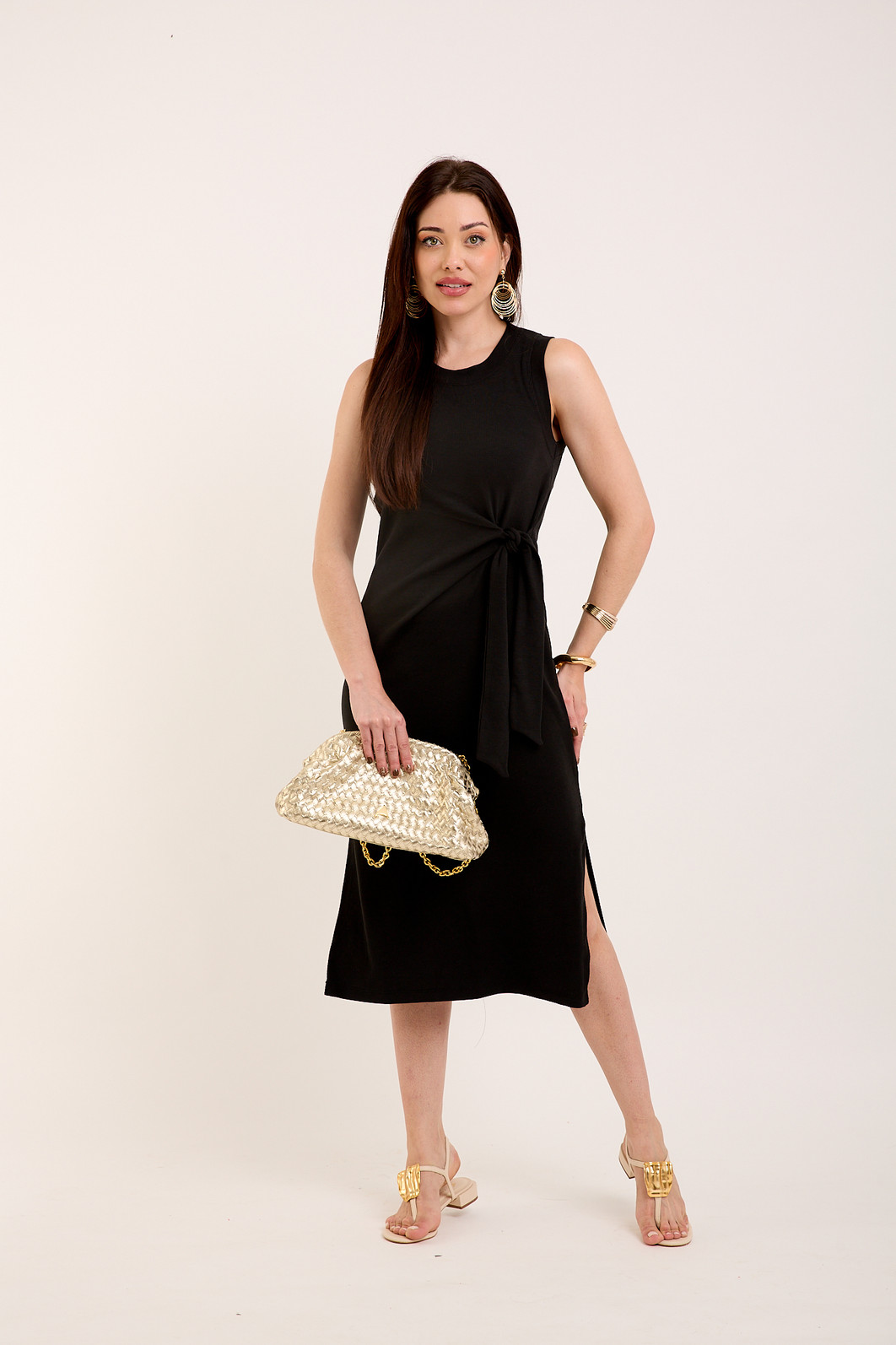 Vestido Midi Regata Canelado com Amarração - Preto Vestido Midi Regata Canelado com Amarração - Preto