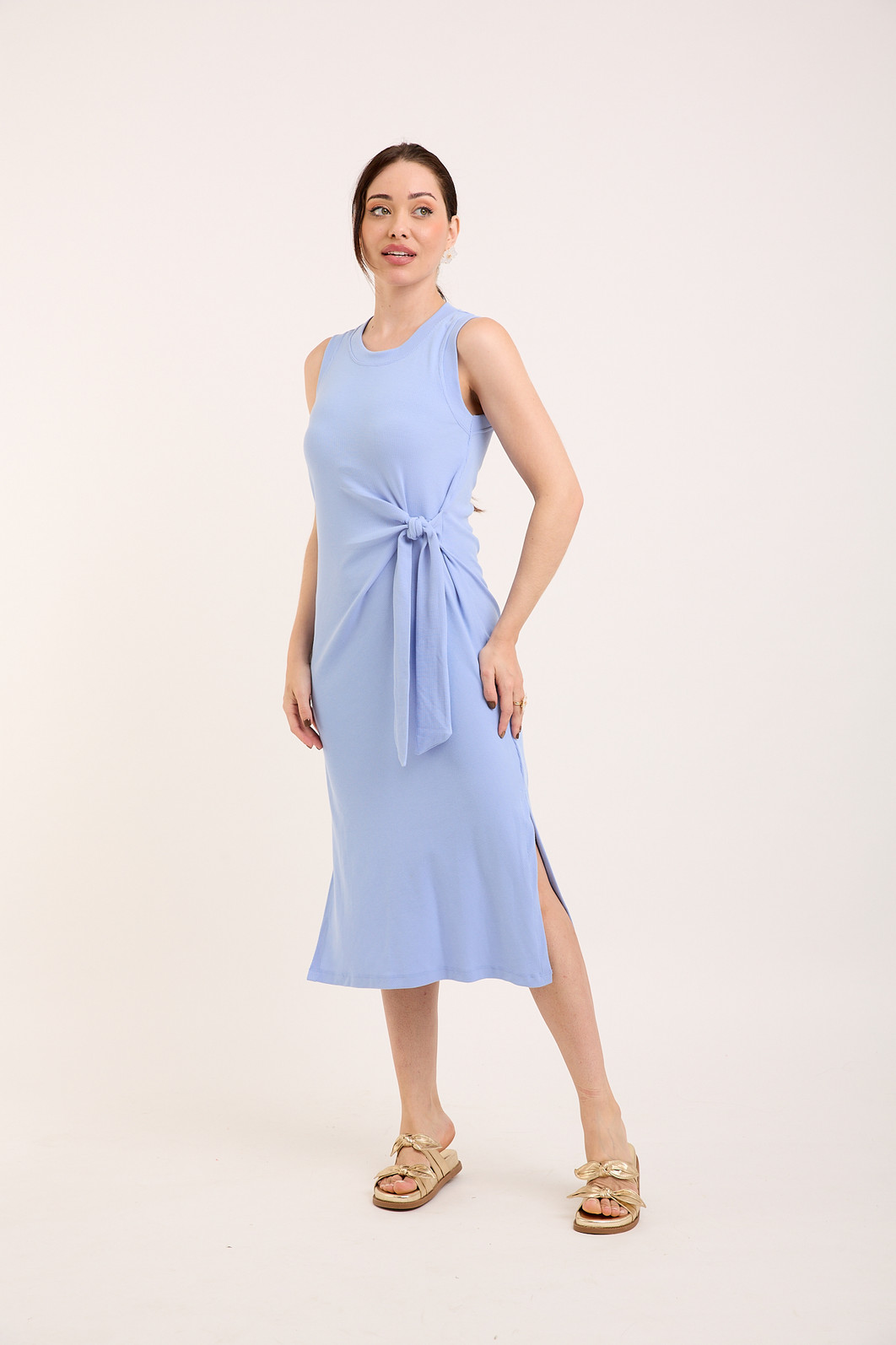 Vestido Midi Regata Canelado com Amarração - Azul Vestido Midi Regata Canelado com Amarração - Azul