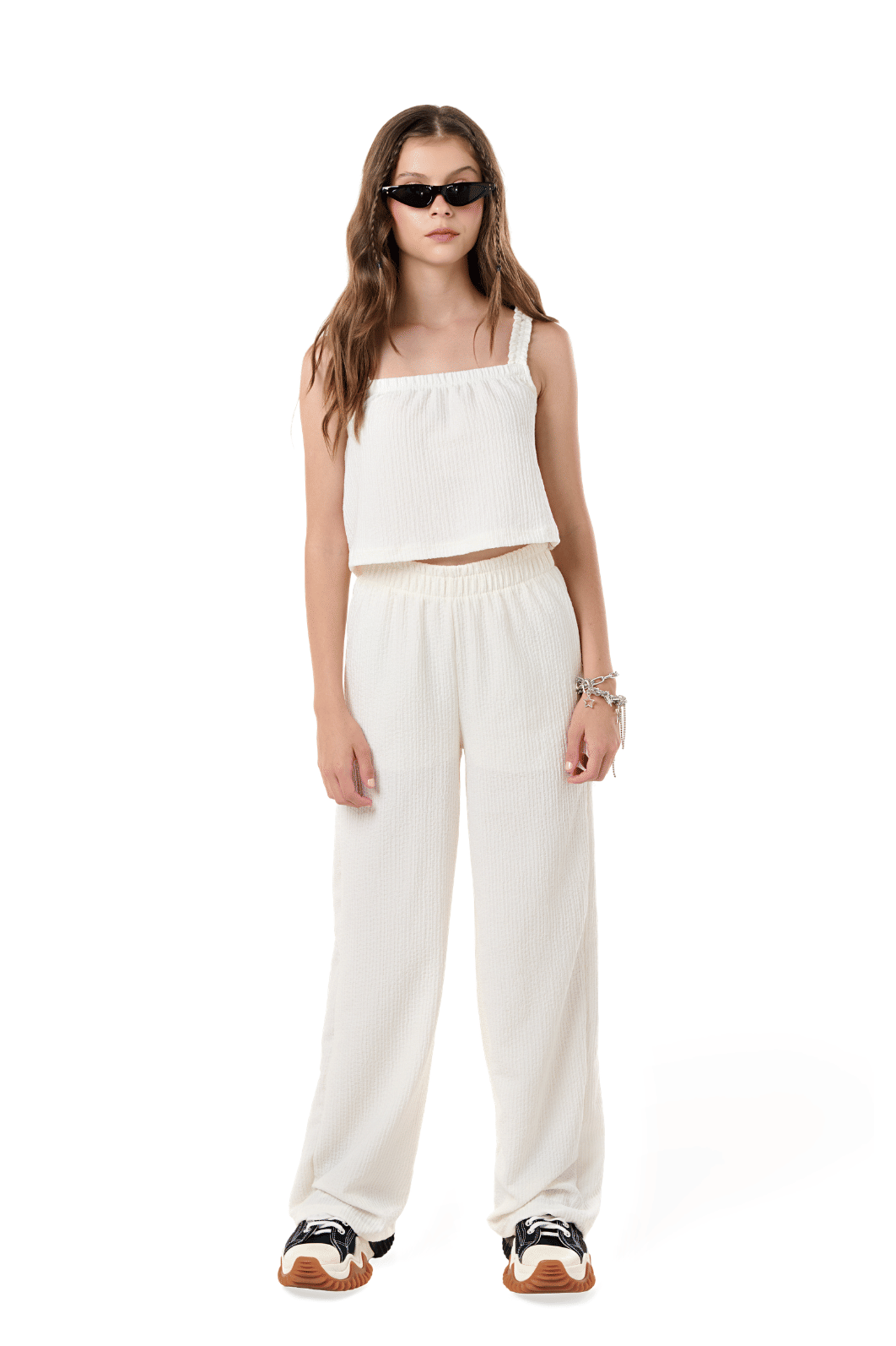 Conjunto juvenil feminino calça e blusa cropped em malha anarruga verão Conjunto juvenil feminino calça e blusa cropped em malha anarruga verão