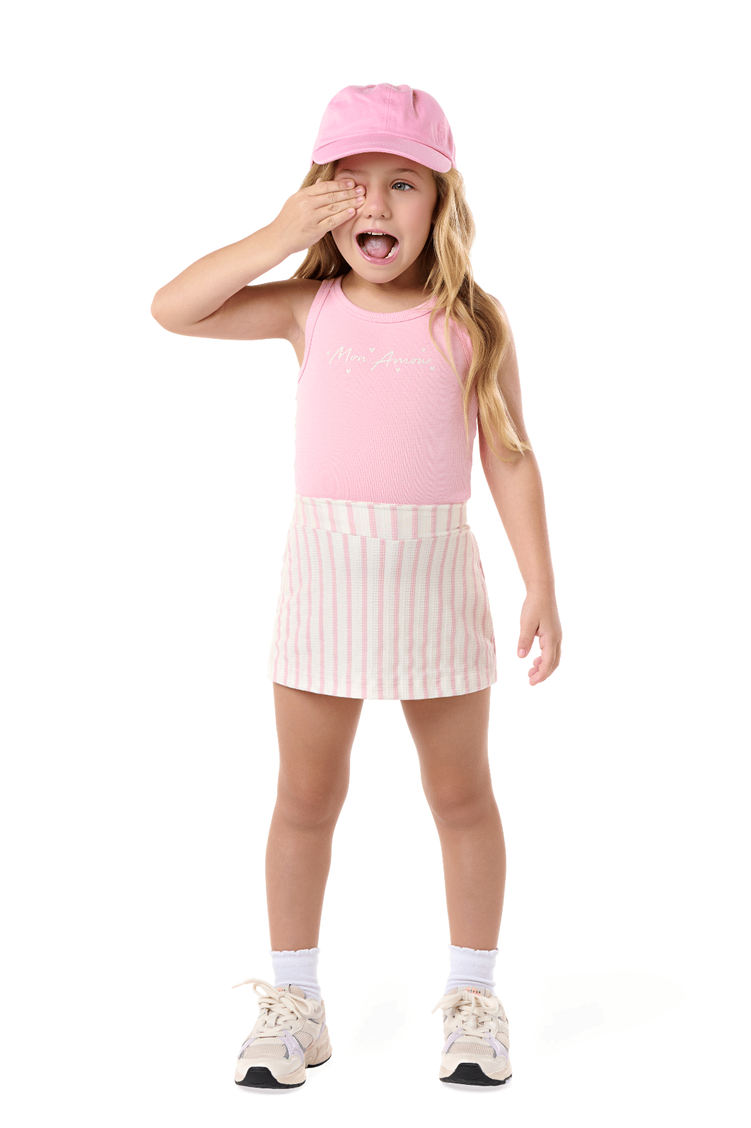 Conjunto Infantil menina verão regata lisa e short saia listrada Conjunto Infantil menina verão regata lisa e short saia listrada