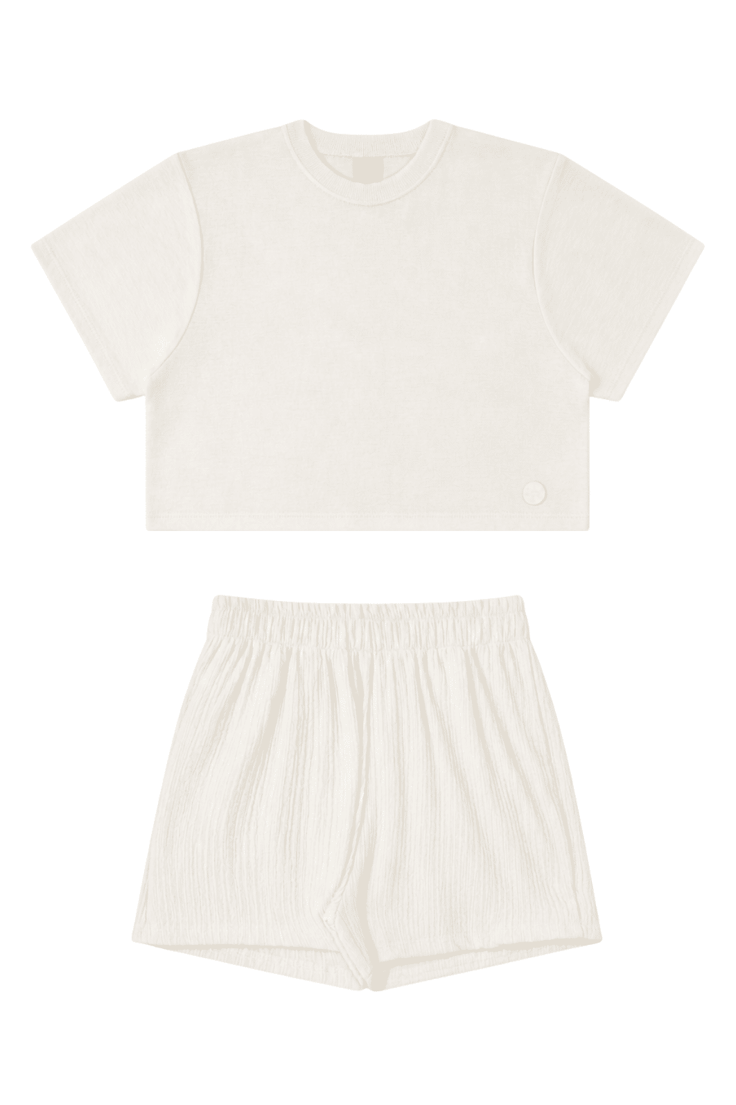 Conjunto juvenil feminino shorts e blusa cropped em malha anarruga Conjunto juvenil feminino shorts e blusa cropped em malha anarruga