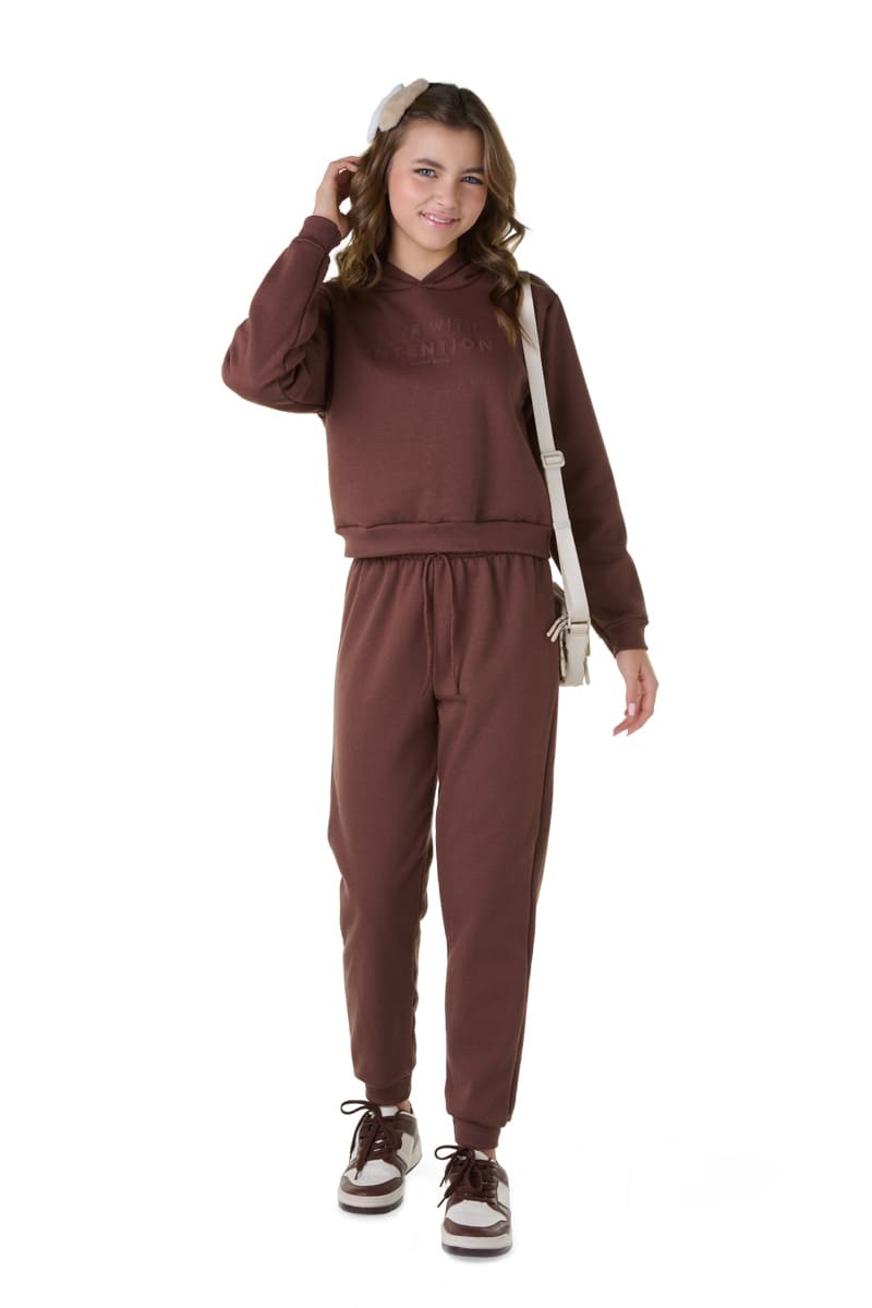 CJ.JUV MOLETOM C/ BLUSÃO CROPPED DE CAPUZ E CALÇA C/ PUNHO E CORDÃO