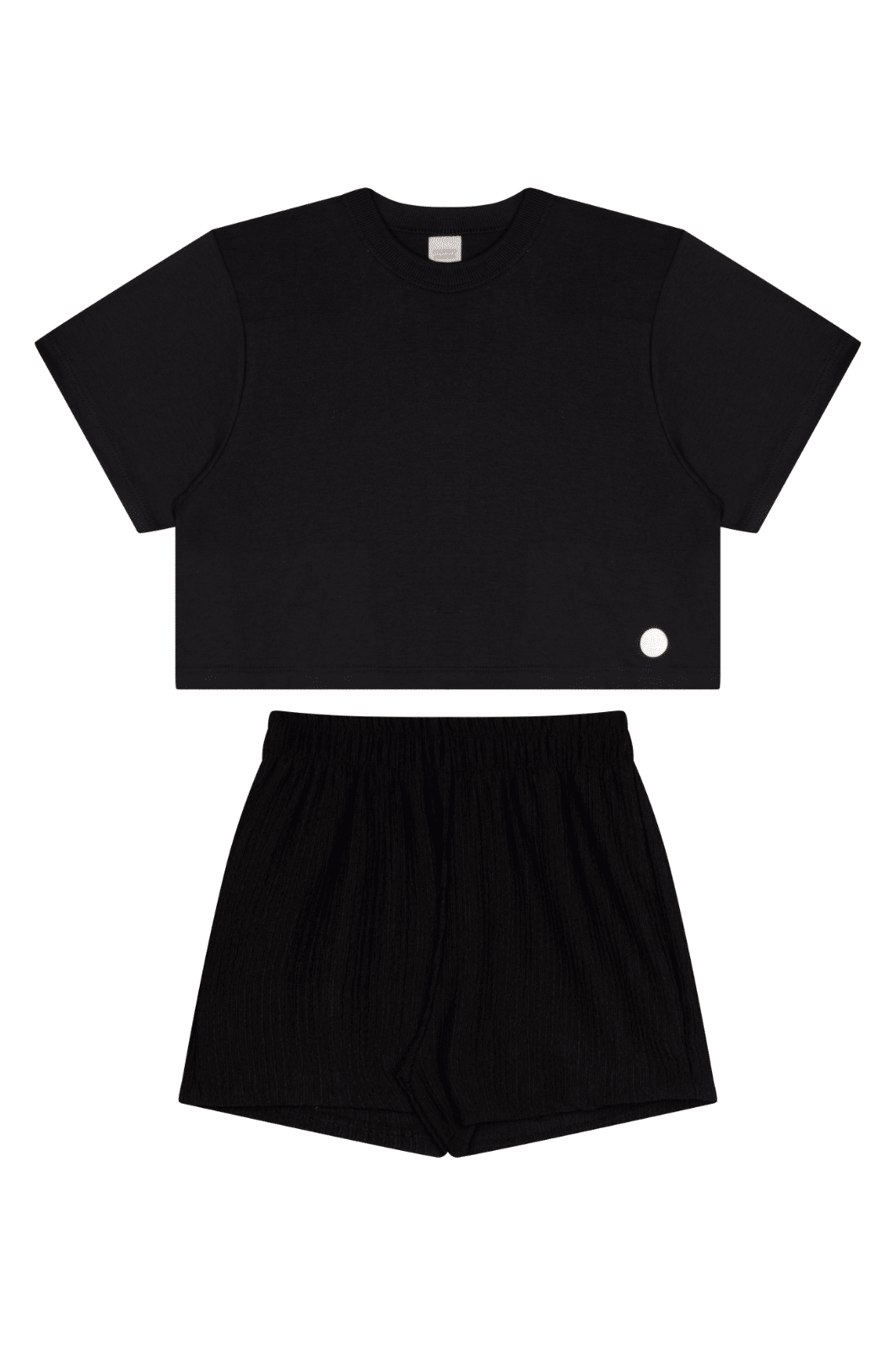 Conjunto juvenil feminino shorts e blusa cropped em malha anarruga Conjunto juvenil feminino shorts e blusa cropped em malha anarruga