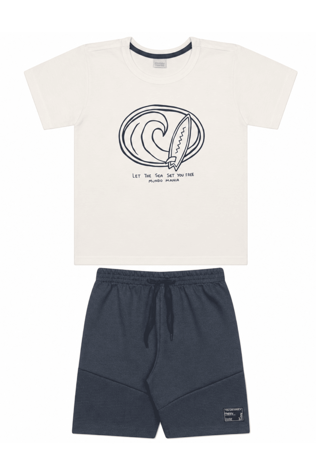 Conjunto infantil menino camiseta malha texturizada e bermuda moletinho