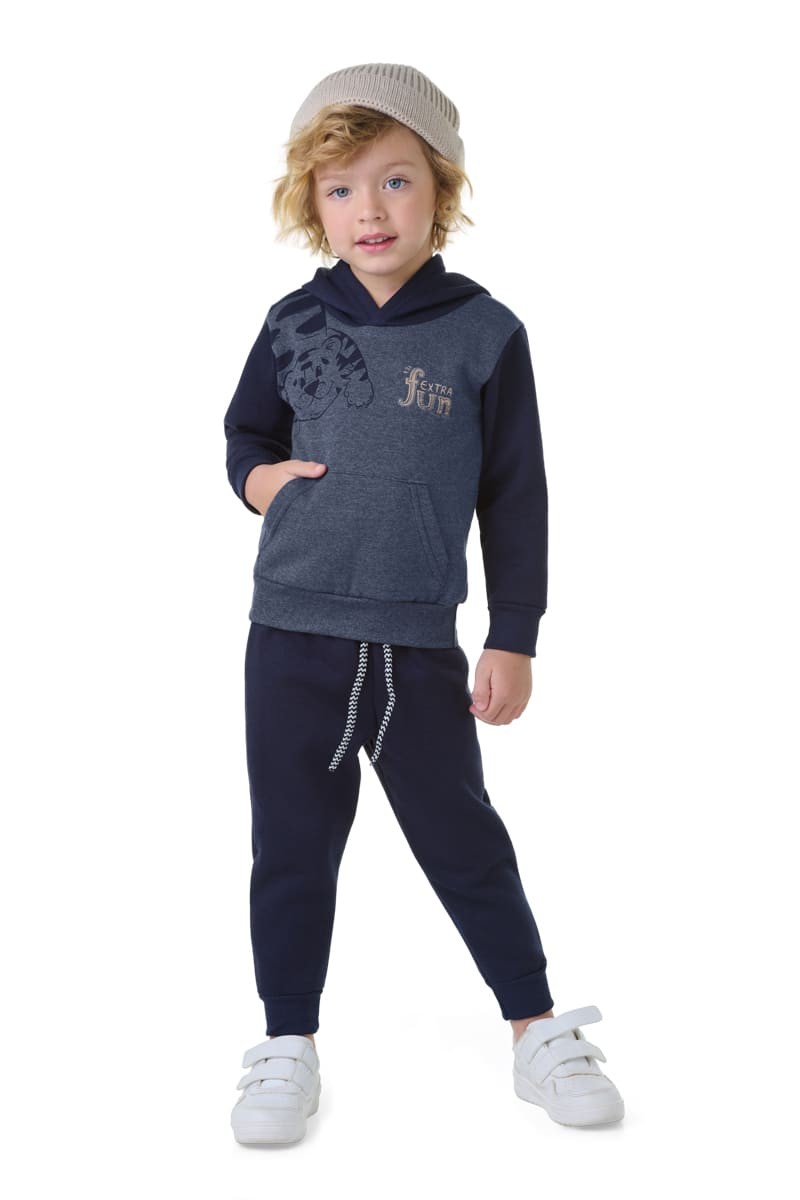 Conjunto Moletom Mesclado com Blusão de Capuz e Bolso Canguru