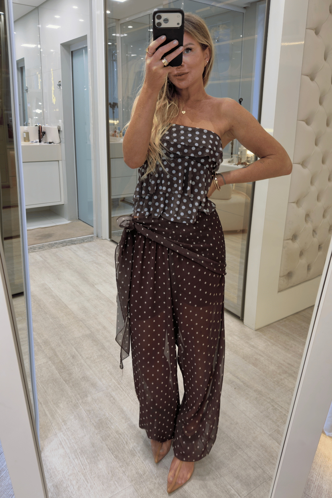 Calça Aladim Em poá com amarração Selene Calça Aladim Em poá com amarração Selene