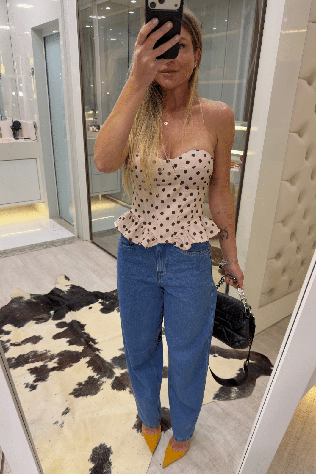Cropped corset estampa poá Amélie bege