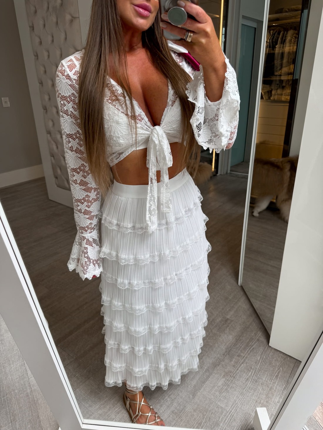 Saia midi de tule plissada com babados Olive Saia midi de tule plissada com babados Olive