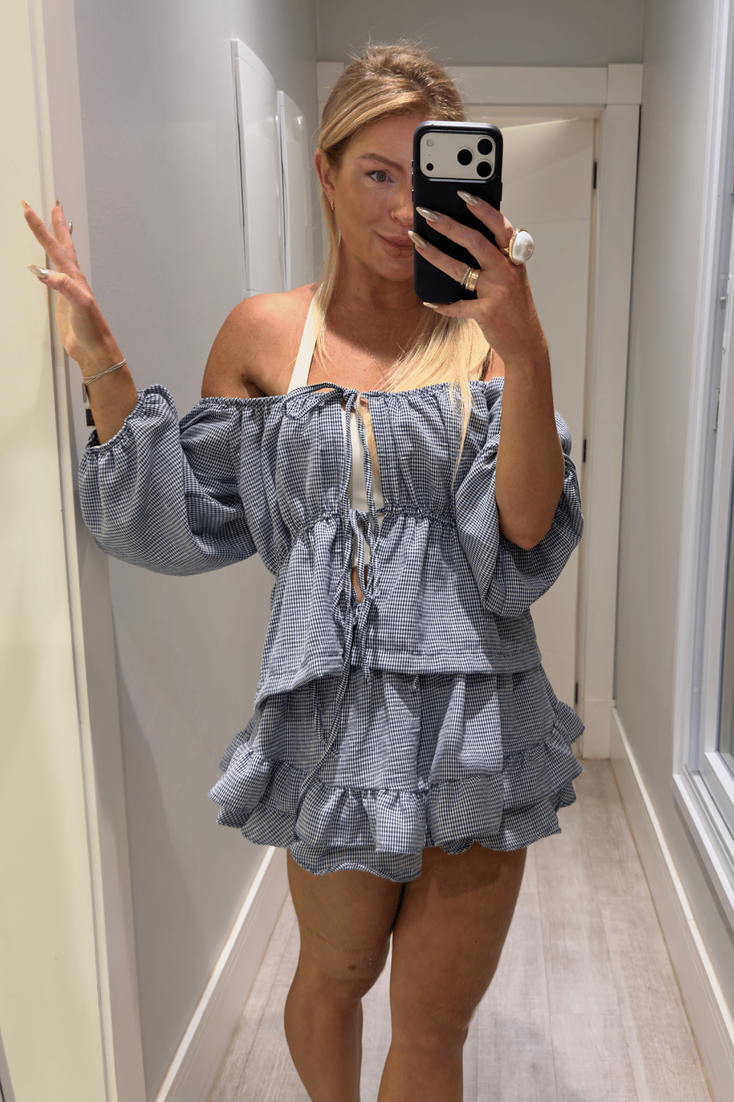 Conjunto bata e short saia babado estampa vichy eloah