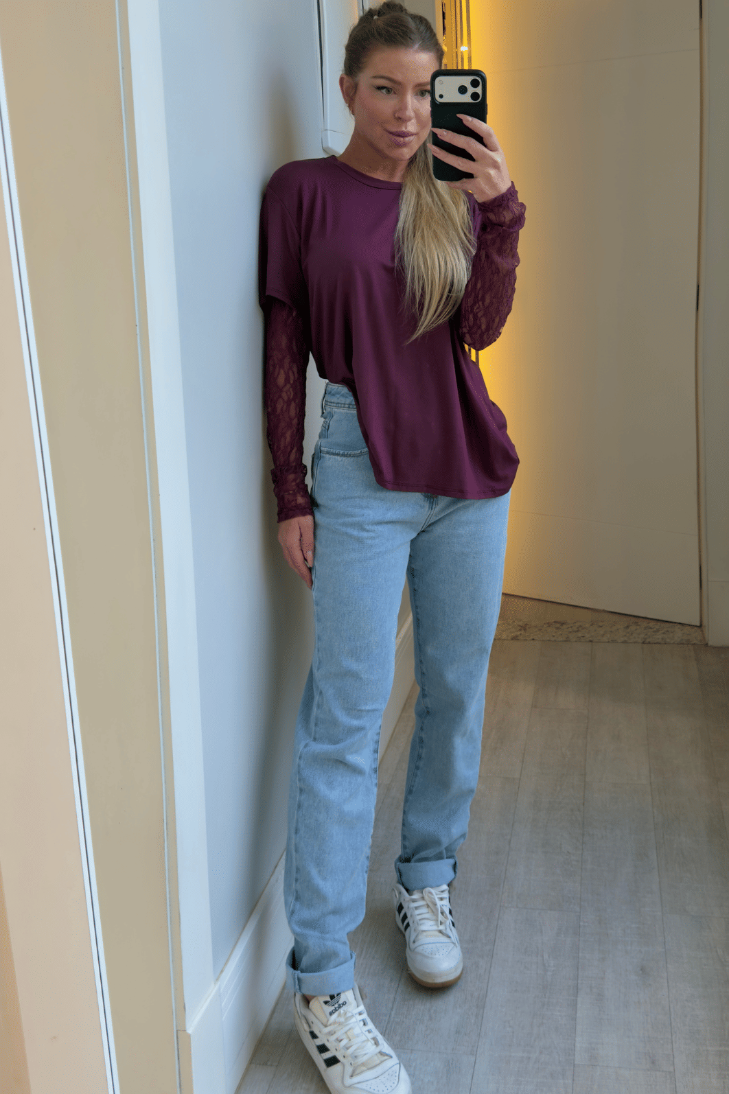 Blusa de malha VINHO com manga longa em renda Blusa de malha VINHO com manga longa em renda