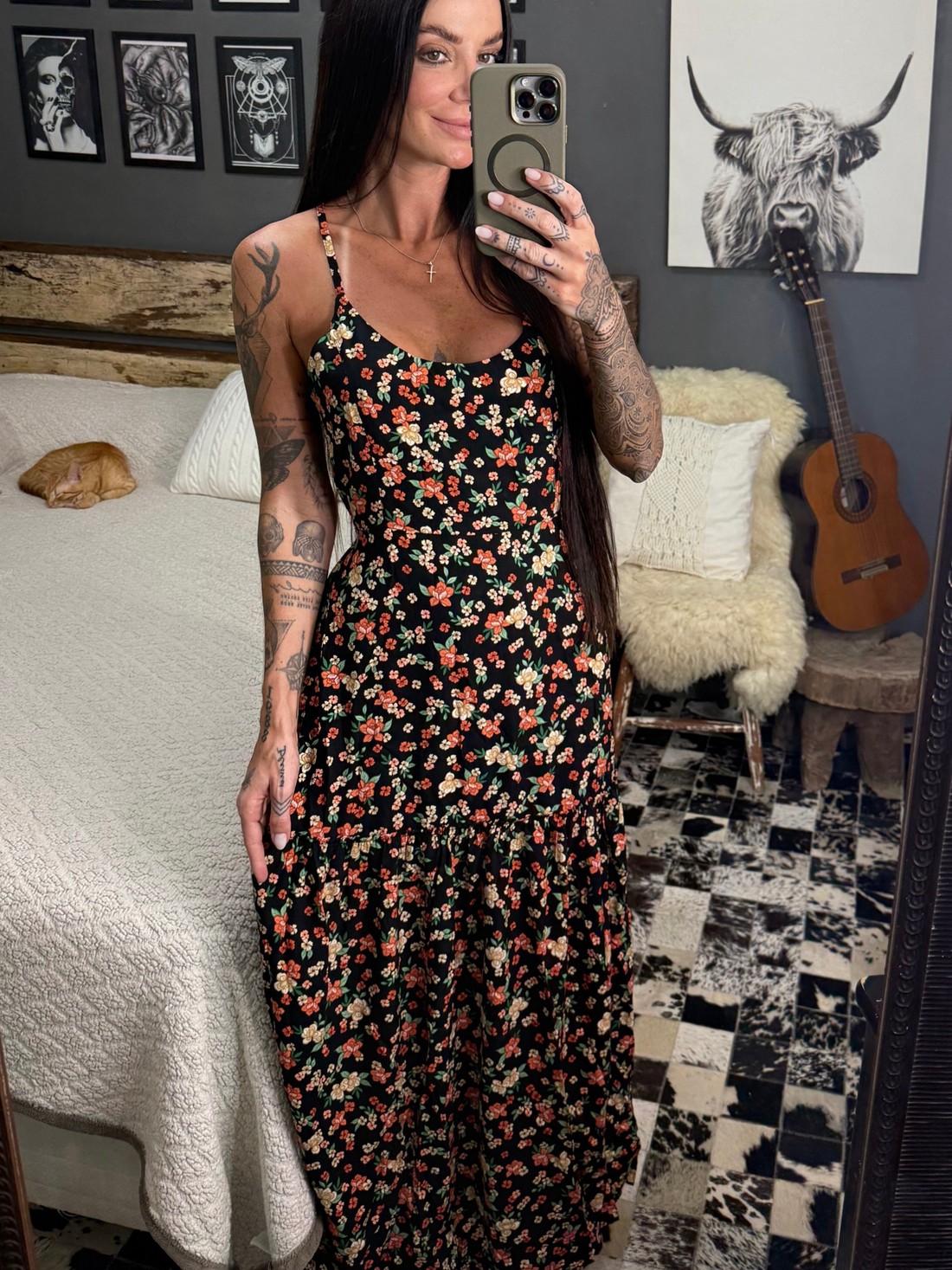 Vestido longo com amarração florido