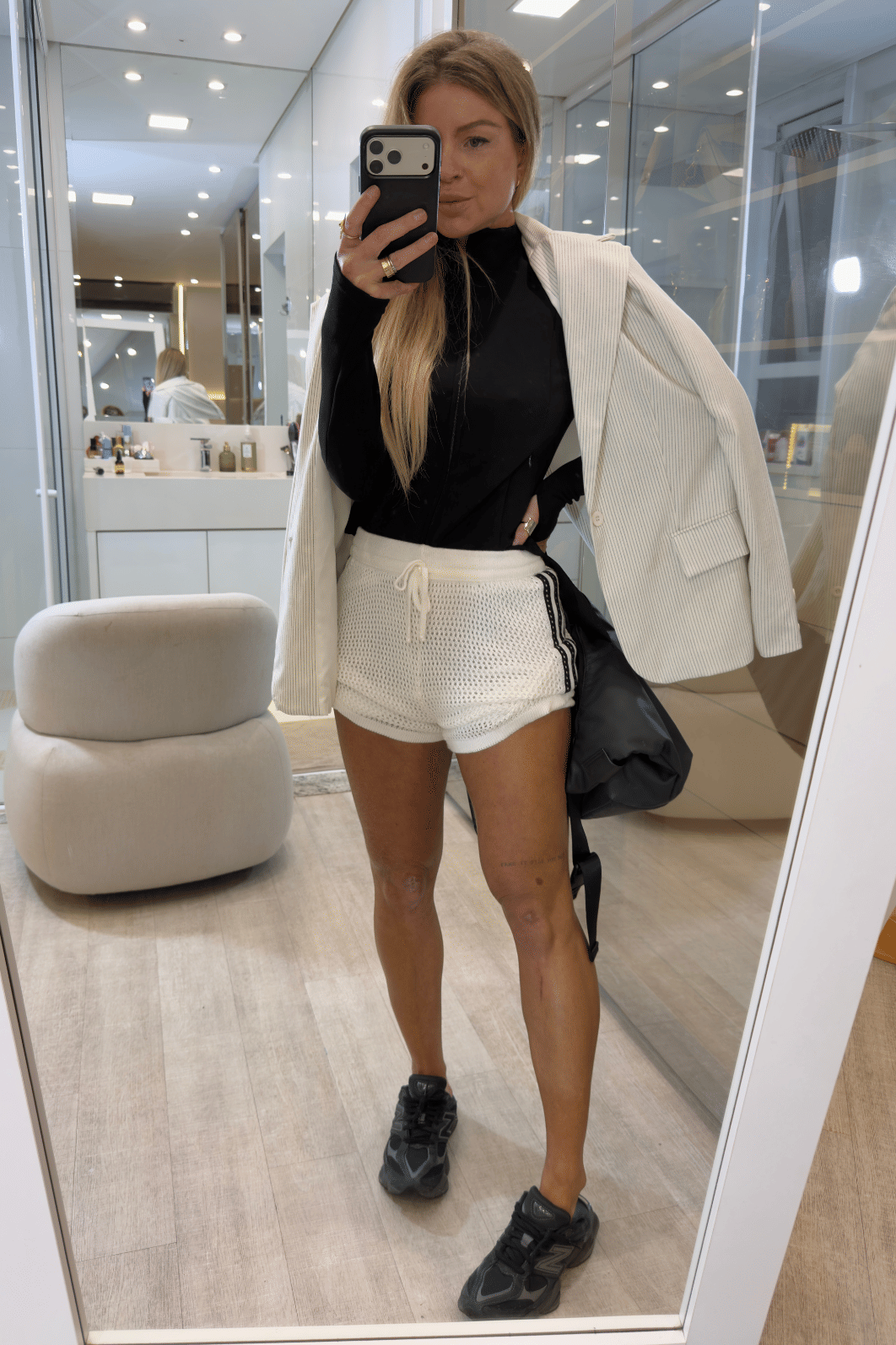 Short curto tricô vazado com listras BRANCO FRAN