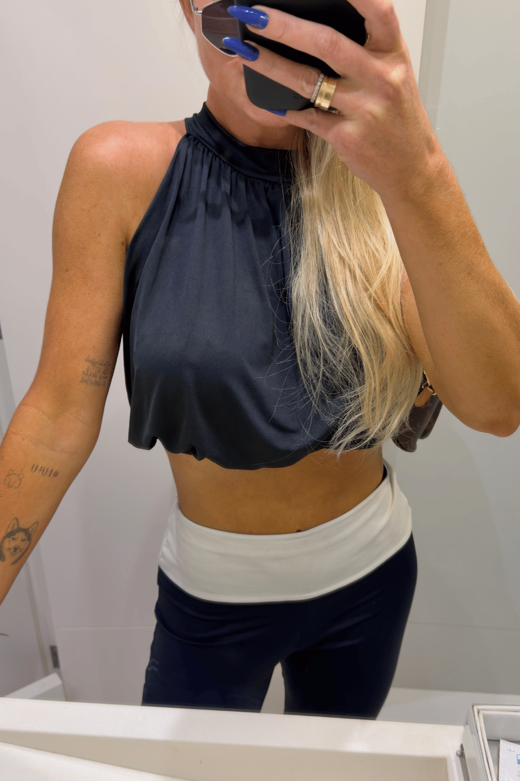 Conjunto calça flare e top faixa PB bicolor Indiara