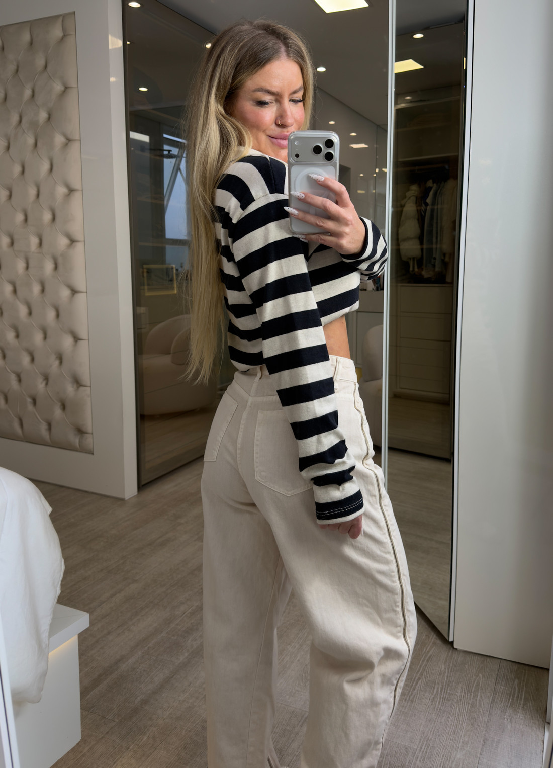 Blusa manga longa de listra gola polo Mel