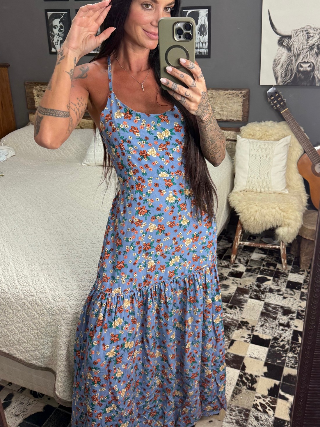 Vestido longo com amarração florido