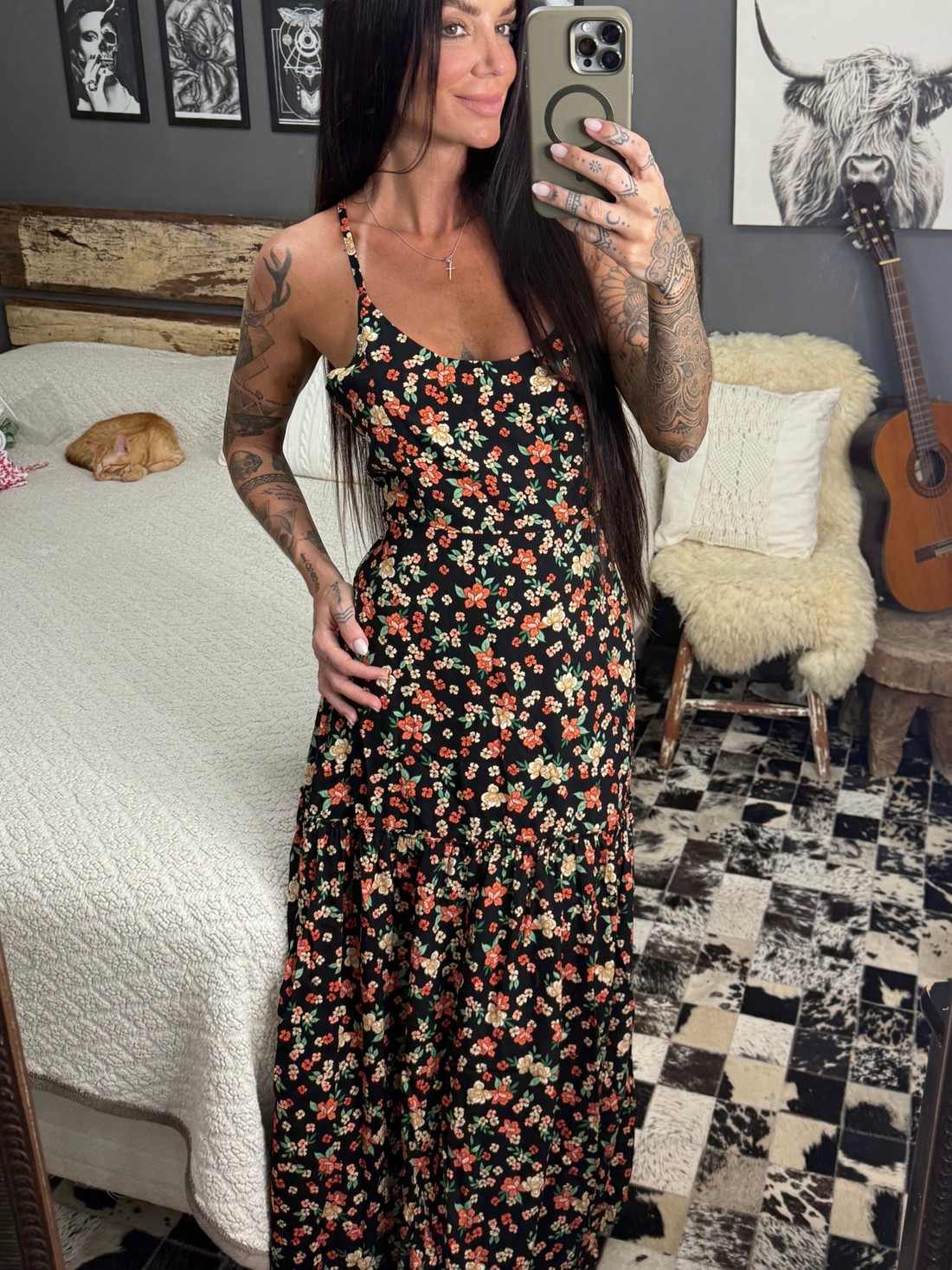 Vestido longo com amarração florido