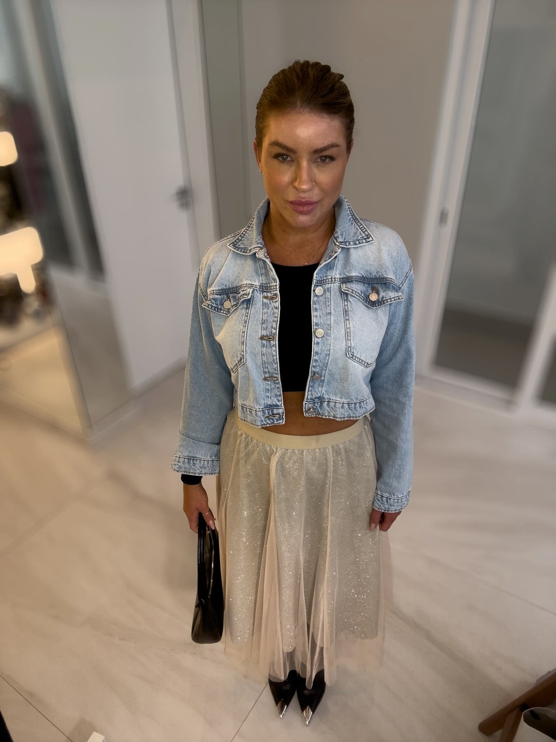 Saia midi de tule bege com brilho Saia midi de tule bege com brilho