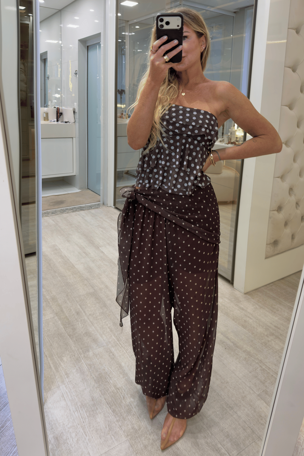 Calça Aladim Em poá com amarração Selene Calça Aladim Em poá com amarração Selene