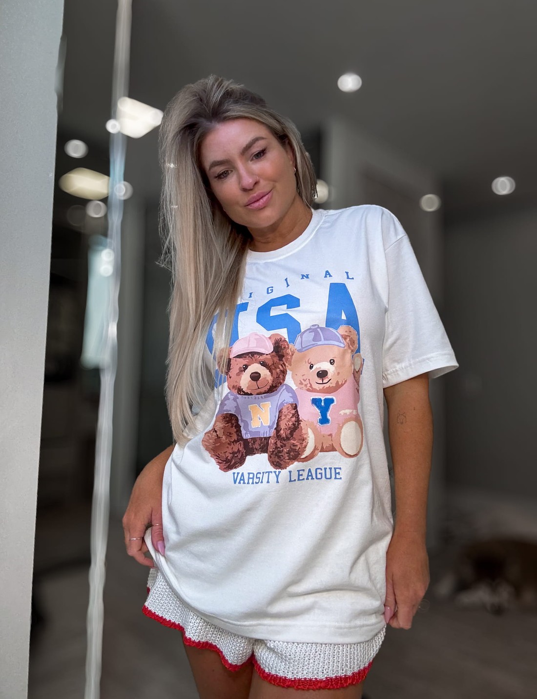 T-shirt alongada estampa urso USA T-shirt alongada estampa urso USA