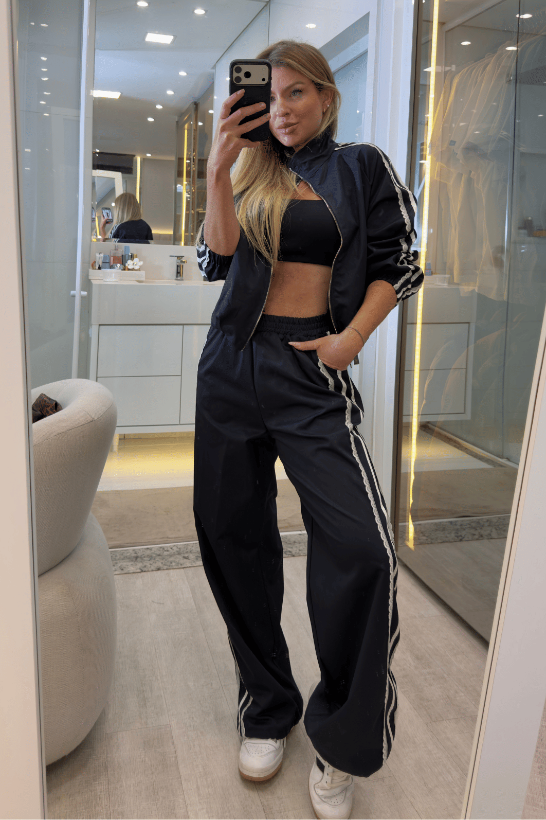 Conjunto calça e jaqueta de listra  Scalon