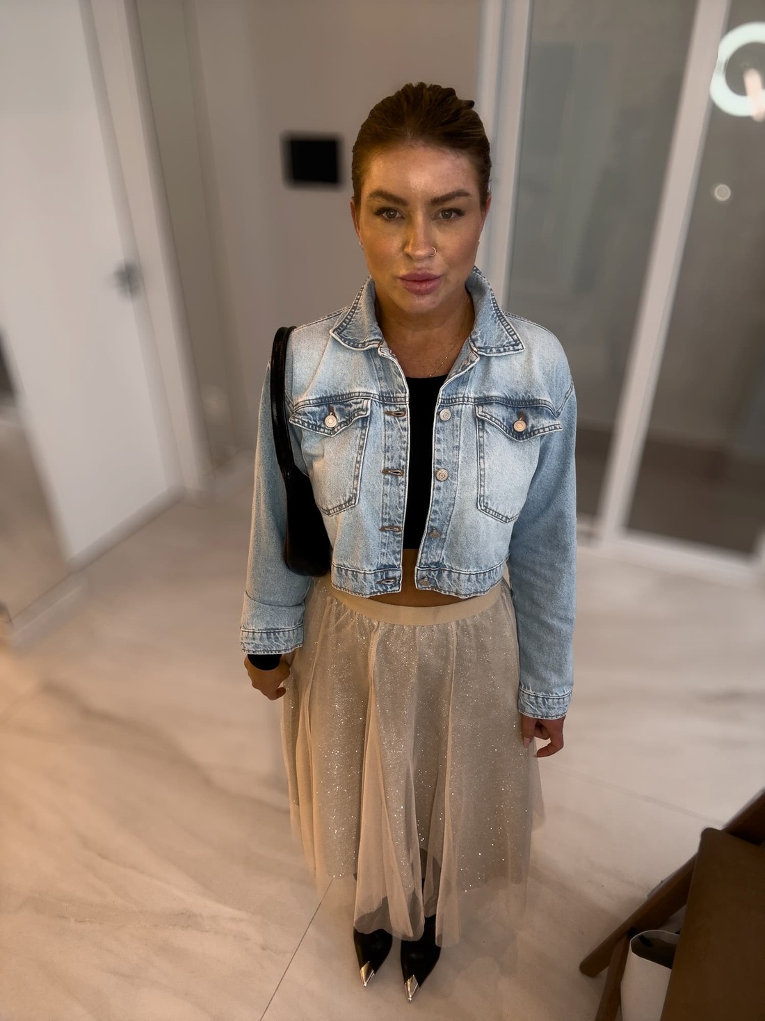 Saia midi de tule bege com brilho Saia midi de tule bege com brilho