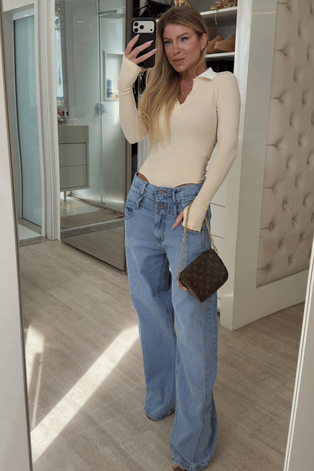 Body  manga longa canelado com gola polo Bicolor