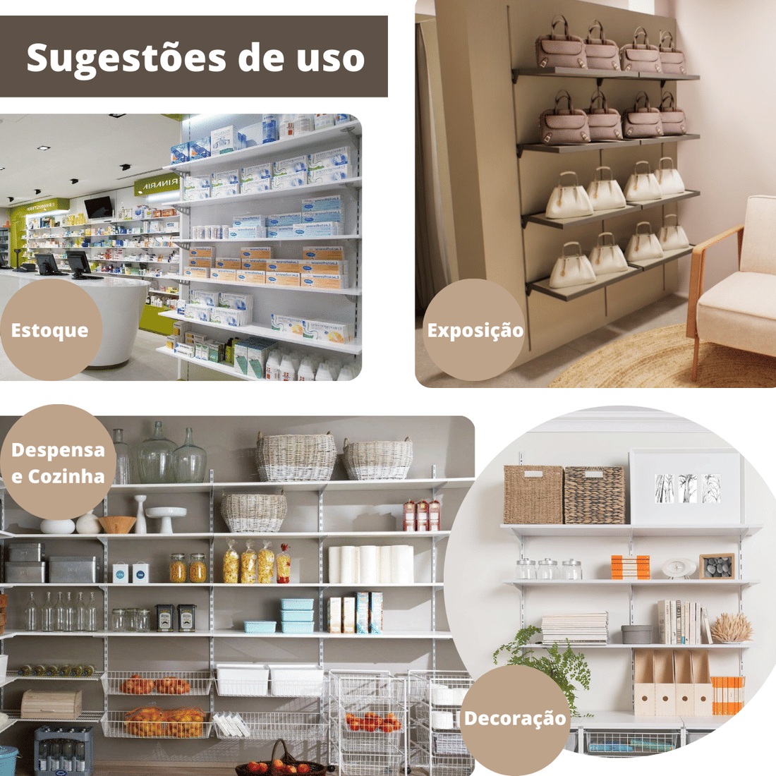 Kit 4 Trilhos Cremalheira 200cm com 20 Suportes com Aba e Parafusos e Buchas para Prateleira