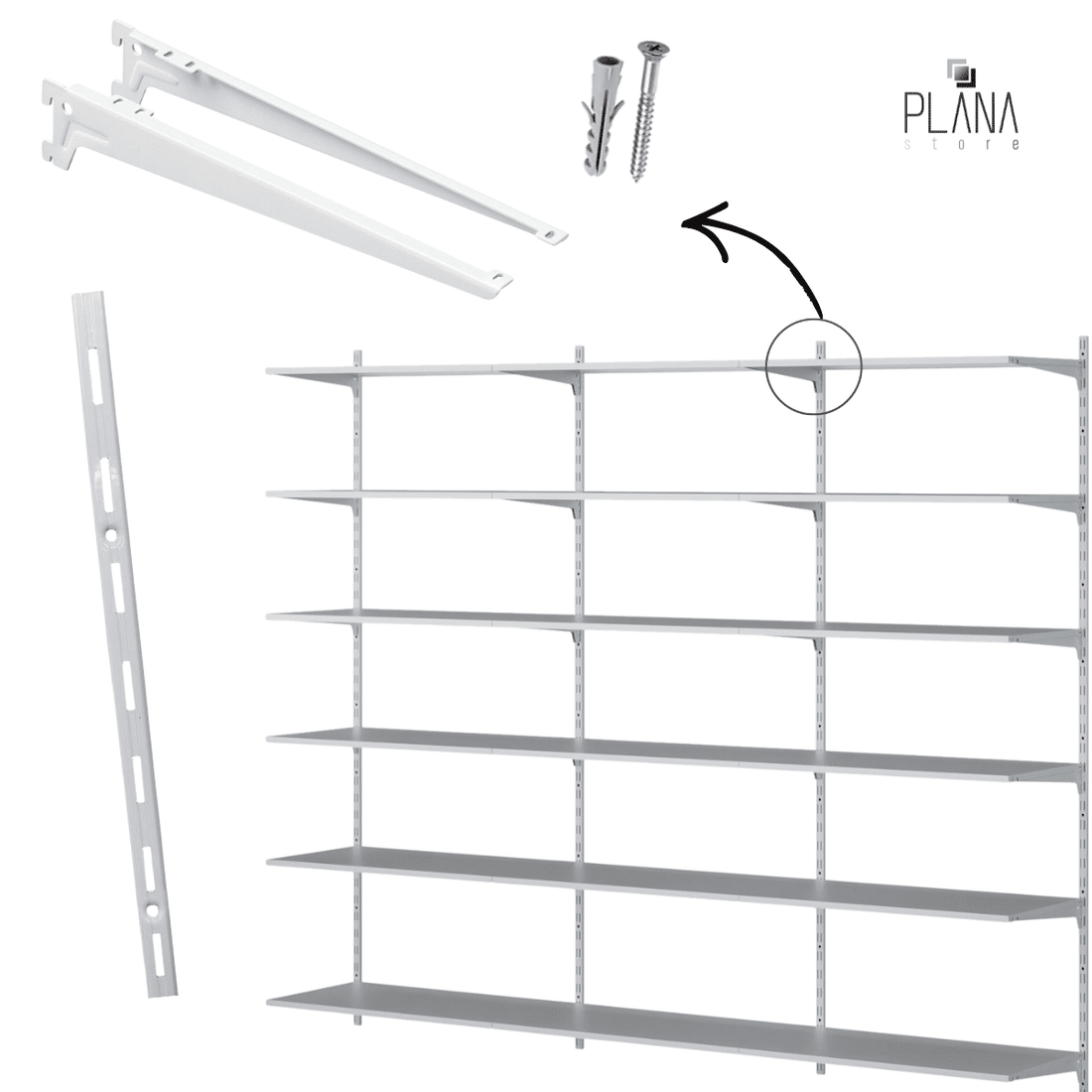Kit 4 Trilhos Cremalheira 200cm com 20 Suportes com Aba e Parafusos e Buchas para Prateleira