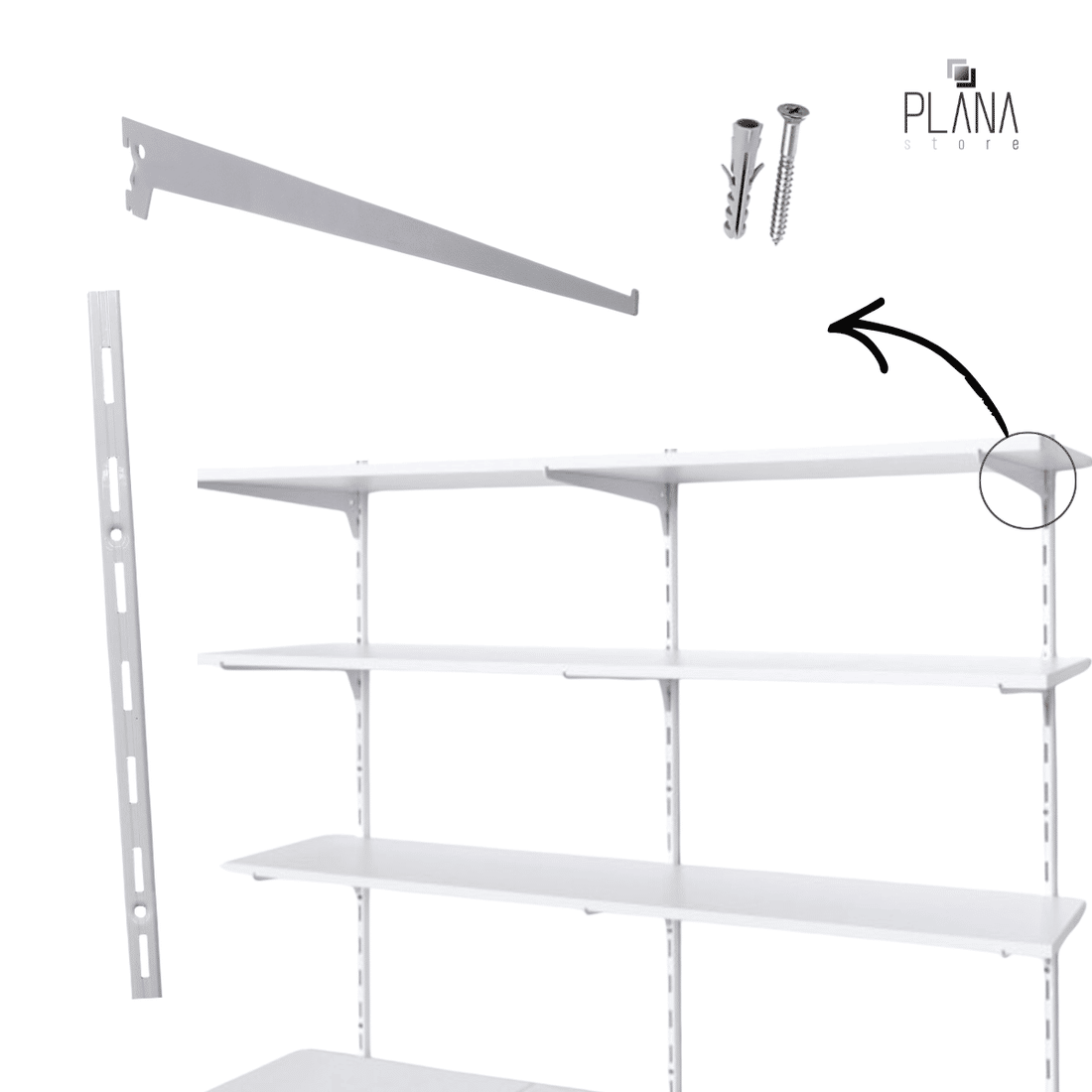 Kit 6 Trilhos Simples 200cm com 30 Suportes Simples e Parafusos e Buchas para Prateleira Kit 6 Trilhos Simples 200cm com 30 Suportes Simples e Parafusos e Buchas para Prateleira