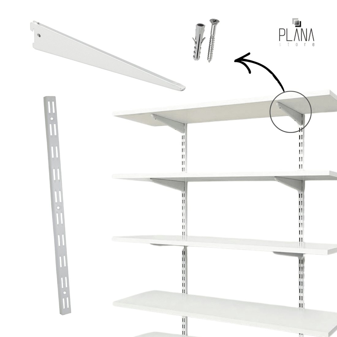 Kit 4 Trilhos Duplos 200cm com 20 Suportes Duplos e Parafusos e Buchas para Prateleira Kit 4 Trilhos Duplos 200cm com 20 Suportes Duplos e Parafusos e Buchas para Prateleira