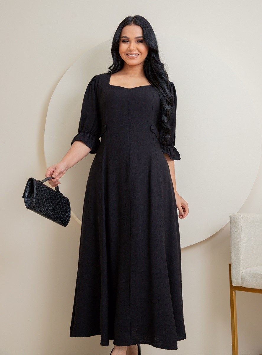 Vestido Midi Liso Soltinho Manga Princesa 9028 Vestido Midi Liso Soltinho Manga Princesa 9028