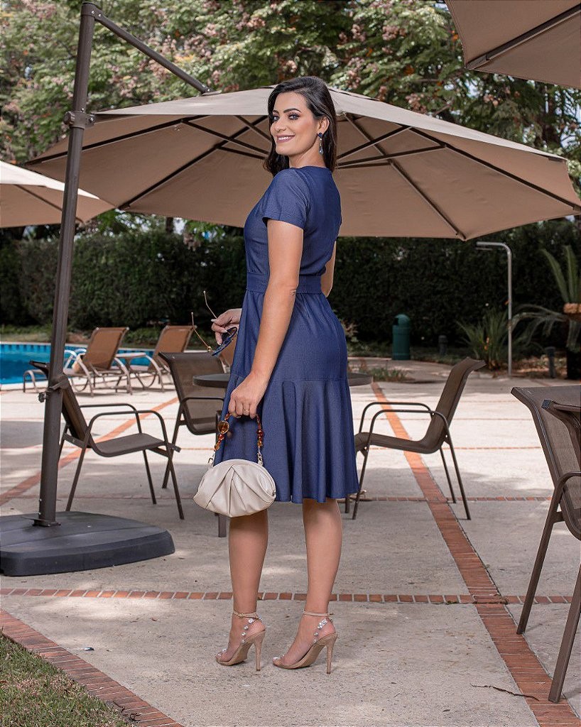 Vestido Midi Jeans Chambray Com Babado SLP 3323 Vestido Midi Jeans Chambray Com Babado SLP 3323