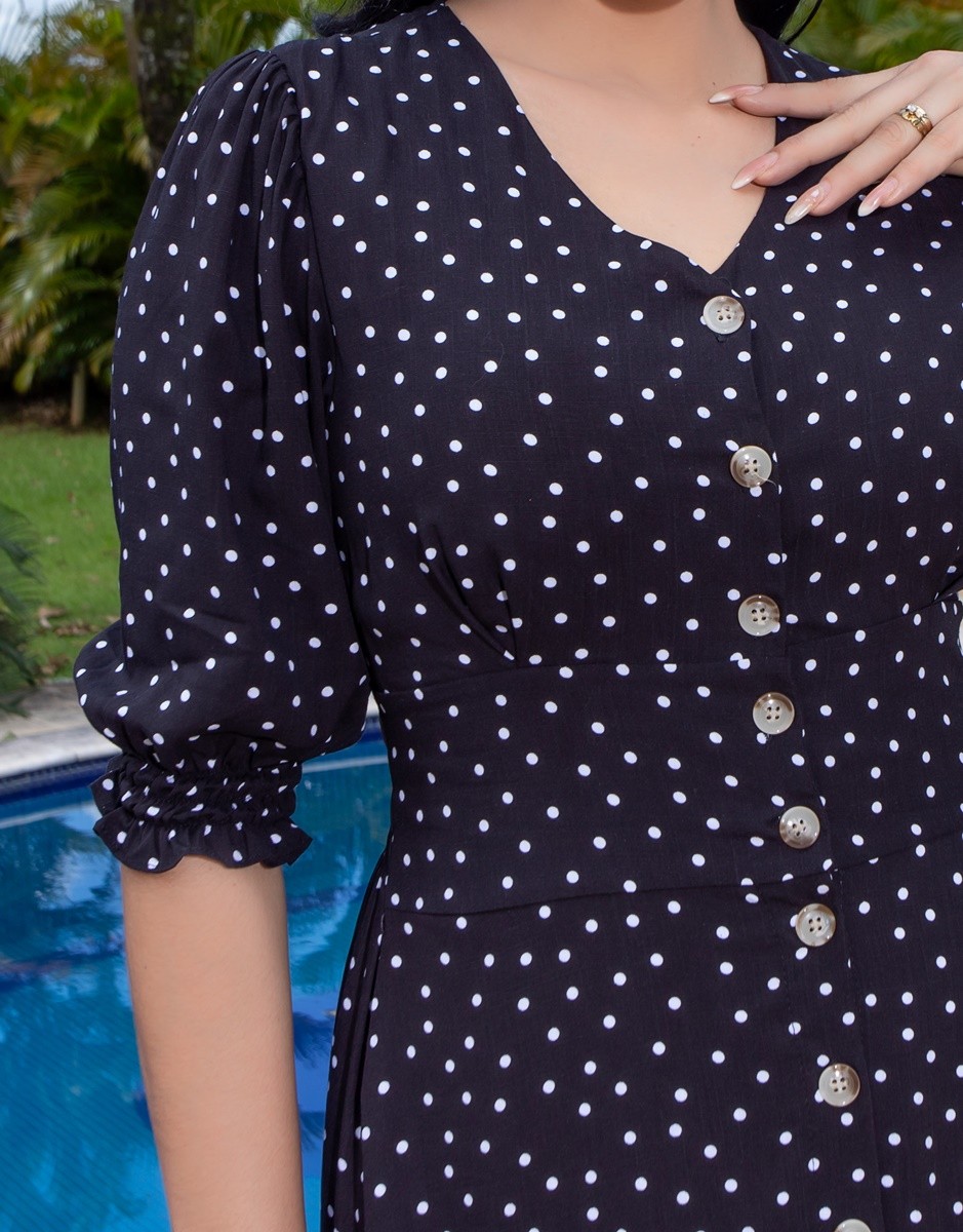 Vestido Longo Com Manga 3/4 Poá 2367 Vestido Longo Com Manga 3/4 Poá 2367