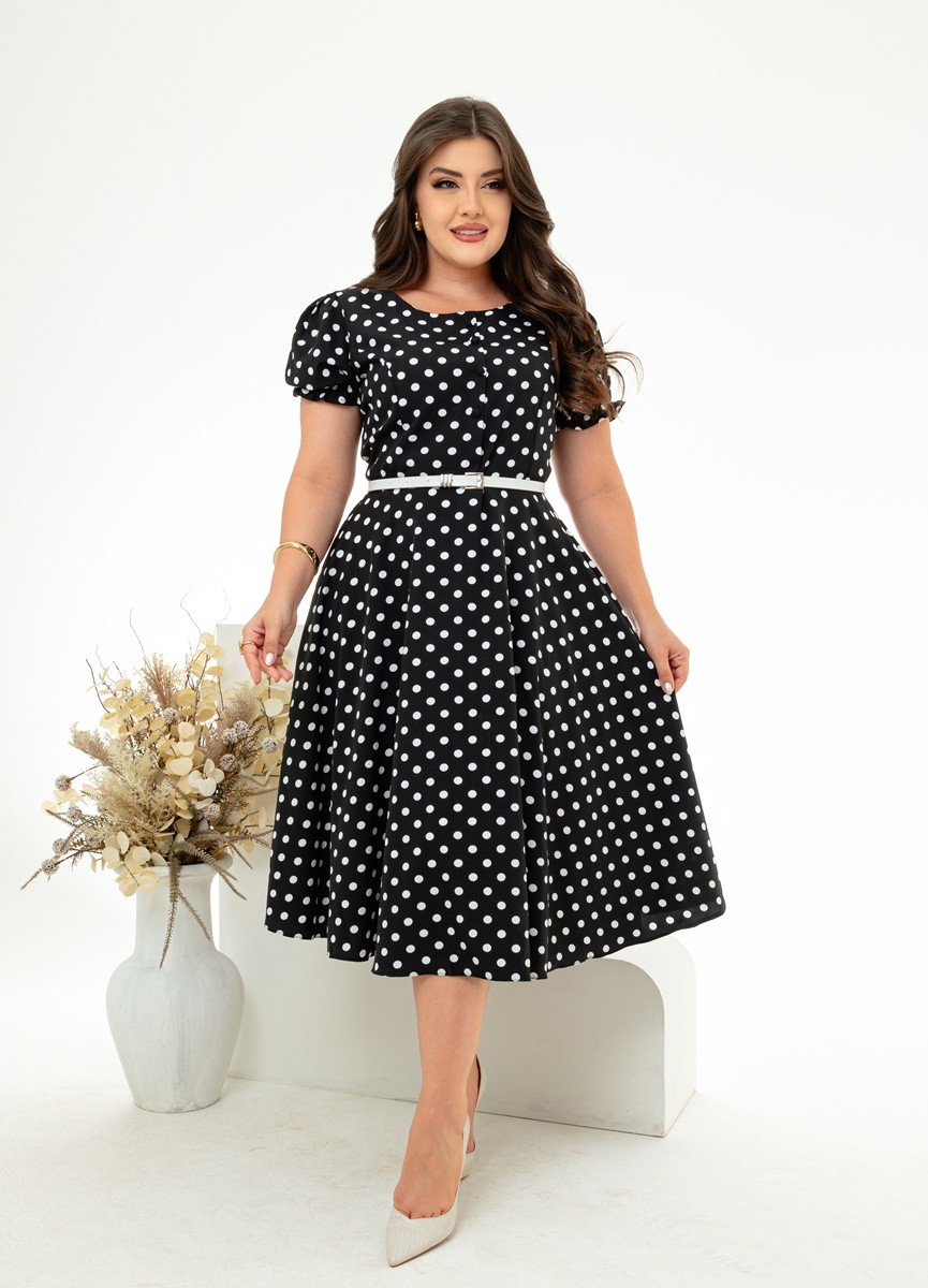 Vestido Evasê Poá Com Cinto 0418 Vestido Evasê Poá Com Cinto 0418