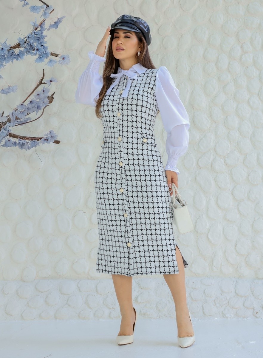 Vestido Midi Tubinho Manga Longa Quadriculado 8324 Vestido Midi Tubinho Manga Longa Quadriculado 8324
