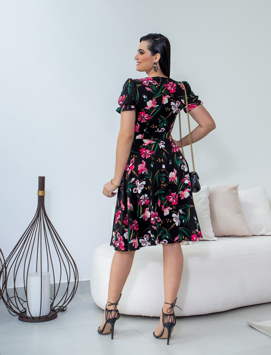 Vestido Estampado Evasê Manga Curta 3005 Vestido Estampado Evasê Manga Curta 3005