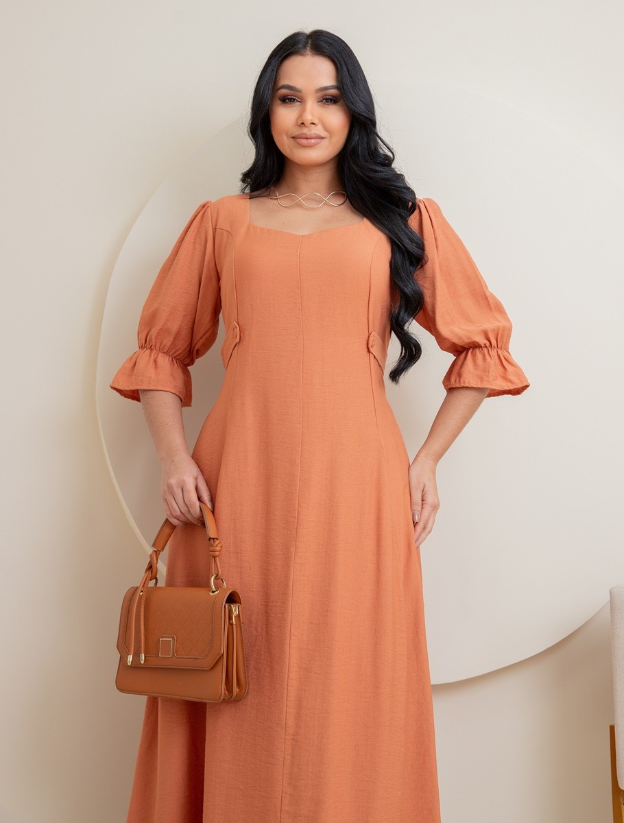 Vestido Midi Liso Soltinho Manga Princesa 9028 Vestido Midi Liso Soltinho Manga Princesa 9028