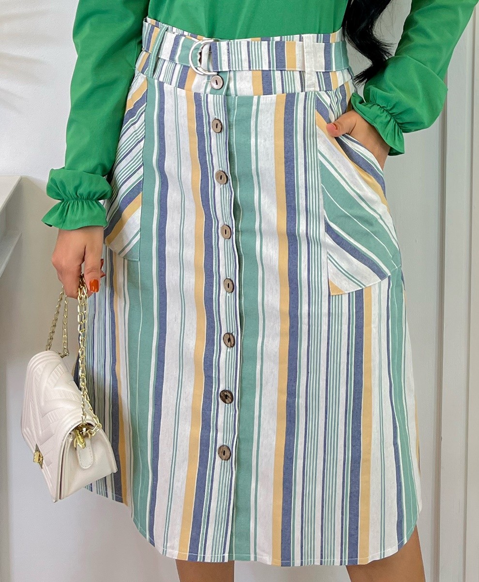 Conjunto Saia Midi Listrada e Blusa Manga Longa 0231