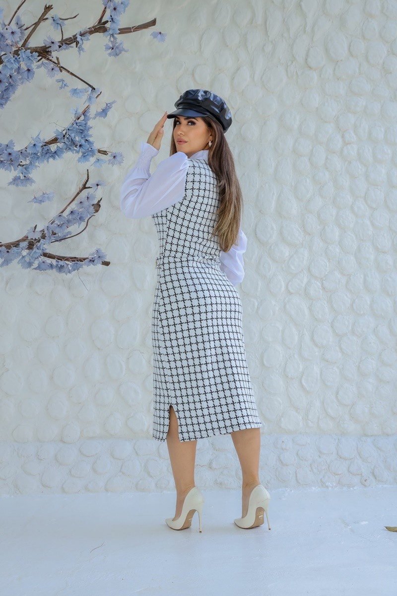 Vestido Midi Tubinho Manga Longa Quadriculado 8324 Vestido Midi Tubinho Manga Longa Quadriculado 8324