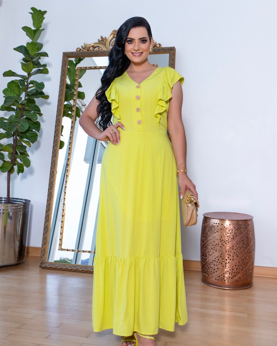 Vestido Longo Estampado Babado Nas Mangas Vestido Longo Estampado Babado Nas Mangas