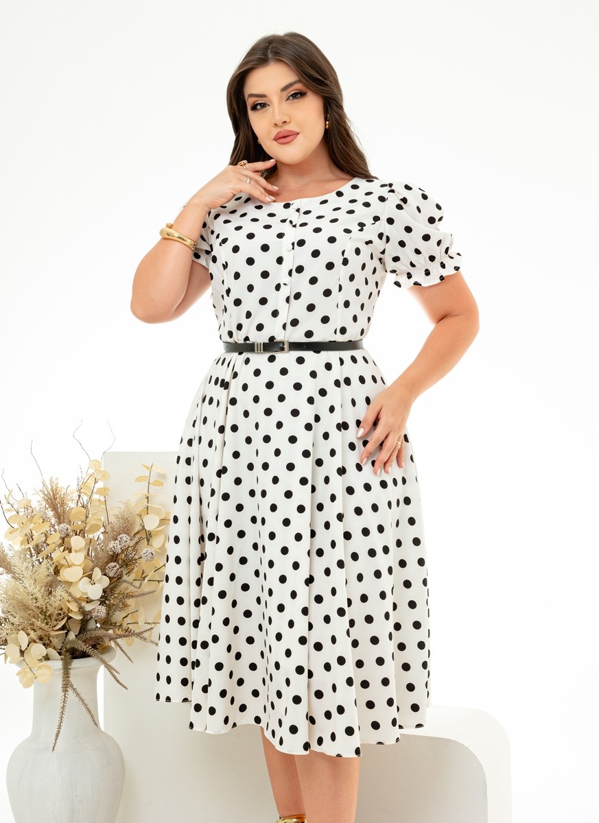 Vestido Evasê Poá Com Cinto 0418 Vestido Evasê Poá Com Cinto 0418