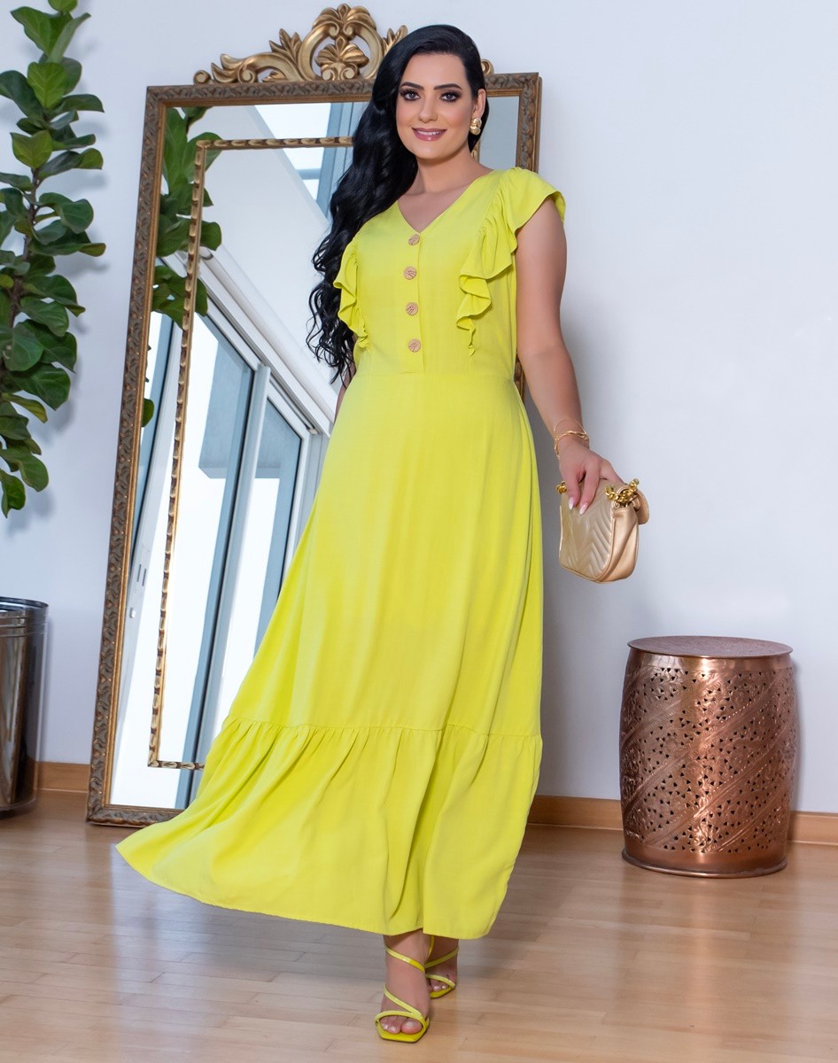 Vestido Longo Estampado Babado Nas Mangas Vestido Longo Estampado Babado Nas Mangas