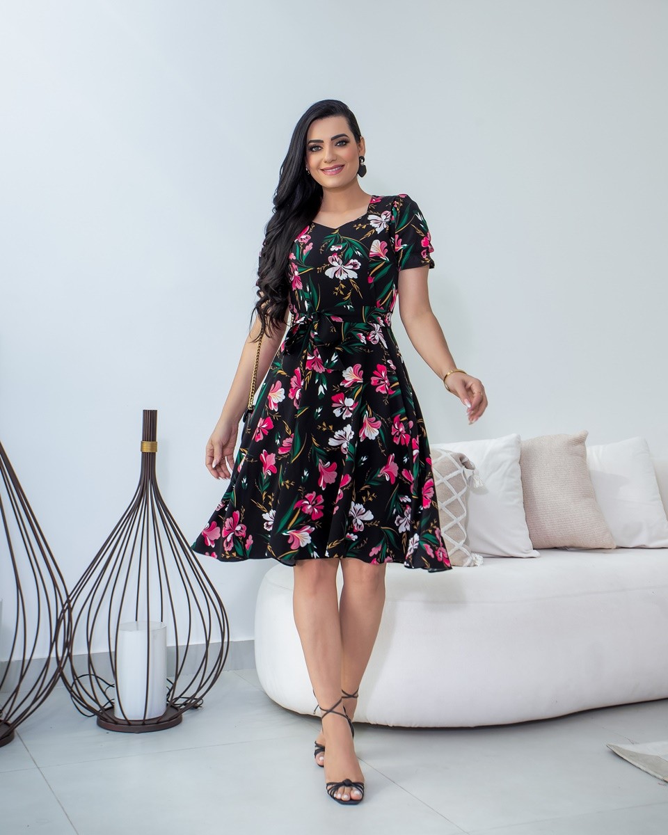 Vestido Estampado Evasê Manga Curta 3005 Vestido Estampado Evasê Manga Curta 3005