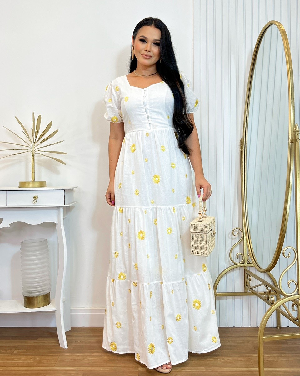 Vestido Longo Em Algodão Bordado Com Flores Amarelas 2213 Vestido Longo Em Algodão Bordado Com Flores Amarelas 2213